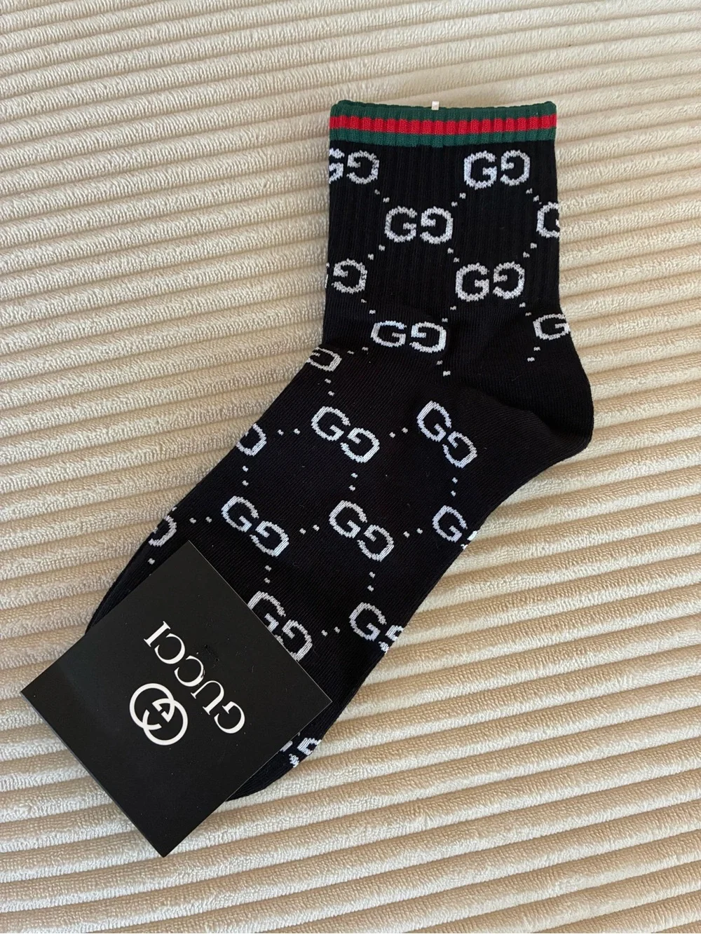 Gucci Black GG Logo Crew Socks with Green and Red Stripe